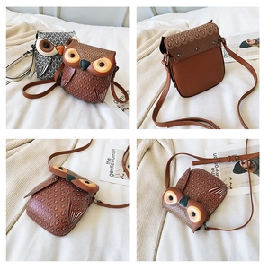 Detailed four-way view of a cartoon owl PU leather crossbody bag with embossed textures