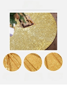 Detail shot of golden sequin Christmas tree skirt showing high-density PET material texture