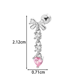 Silver bow and pink heart tassel cartilage piercing with zircon studs, 2.12cm length