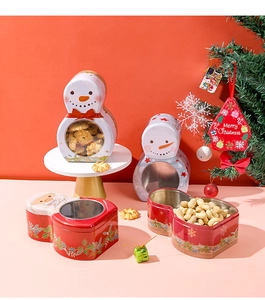 Christmas tin box detail showing snowman and Santa Claus candy storage containers