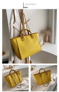 Detalle del bolso tote tejido amarillo con cadenas plateadas y gran diseño de capacidad