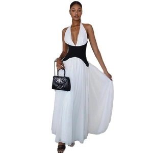 Fashionable deep V-neck halter maxi dress with colorblock design and pleated waist