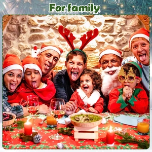 Family wearing red Santa hats and reindeer headbands for Christmas party celebration