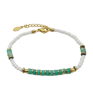 Minimalist beaded bracelet with turquoise stones and golden accents on a white background