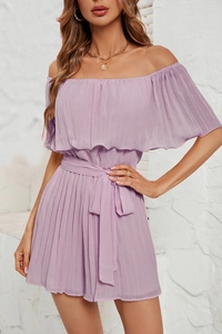 Detail of lavender off-shoulder pleated romper with matching waist tie in soft chiffon fabric