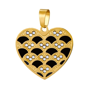 Close-up of golden heart earring with black enamel finish and sparkling crystals