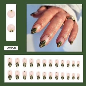 Olive green almond press-on nails with golden geometric patterns and French plaid design