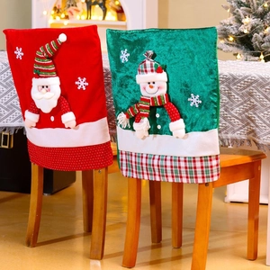 Detail of Christmas chair covers featuring 3D Santa and Snowman plush doll figures
