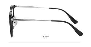 Side view detail of square black frames with elegant silver metal temples and clear lenses