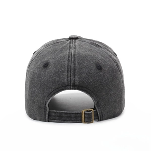 Back view of vintage dark gray washed denim baseball cap with adjustable metal buckle