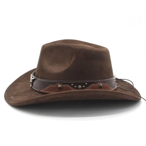 Vintage dark brown suede western cowboy hat with leather band and metal bull head ornament