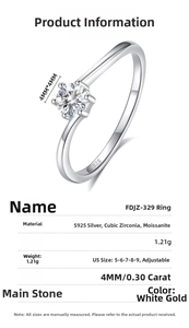 Detailed specs of S925 silver 0.3ct moissanite six-prong adjustable ring with dimensions