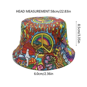 Detailed view of bucket hat dimensions: 58cm head girth and 6cm brim with psychedelic pattern