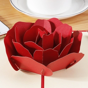 Romantic 3D pop-up greeting card featuring a detailed red paper rose for weddings