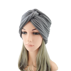 Dark grey cross-knot knit turban hat with Bohemian style faux cashmere soft texture