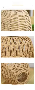 Macro detail of the rustic woven hemp rope lampshade with internal metal frame support