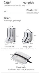 Detailed size specifications for waterproof PVC shoe storage bags with handles and zippers