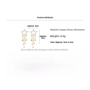Detailed size specifications and material view of star tassel earrings with zircons