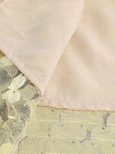 Detailed macro view of champagne gold sequins on sheer mesh fabric with smooth inner lining