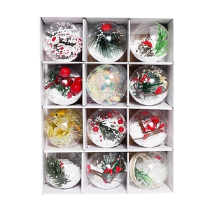 Set of 12 clear 6cm Christmas ornaments with festive pine and berry fillings in box