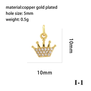 Detailed specs of a 10mm crown pendant made of gold-plated copper and zircon