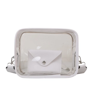 Trendy transparent PVC crossbody jelly bag with white trim and matching envelope pouch
