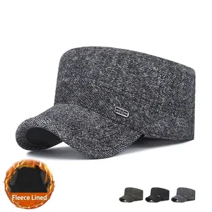 Men Winter Cadet Cap Herringbone Wool Blend Flat Top Hat Thick Fleece Lined With Ear Flaps Windproof Retro Outdoor