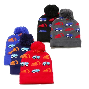 Kids winter knit beanie featuring cartoon excavator pattern and top pompom in five colors