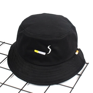 Streetwear black cotton bucket hat with cigarette embroidery and Korean style design