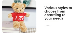 Close-up of a brown teddy bear in a red knitted sweater with an I LOVE YOU message