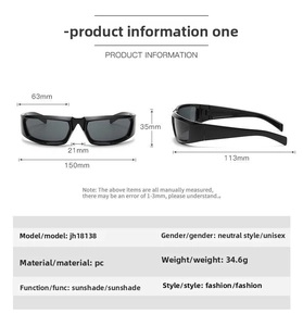 Detailed size specifications for Y2K futuristic sunglasses including model and dimensions