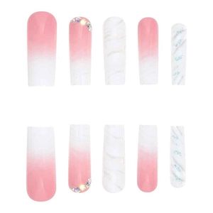 Pink and white ombre press-on nails with marble texture and rhinestones on white background