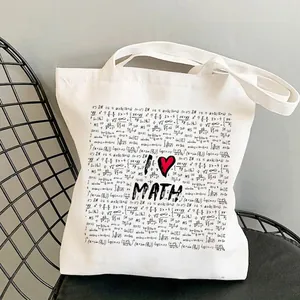 White chemistry canvas tote bag with I love Math print and black mathematical formulas