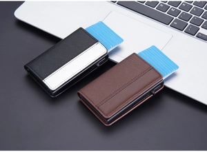 Dual-color RFID blocking credit card holder showing pop-up cards and leather texture