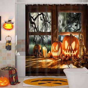 Halloween bathroom set with spooky pumpkin and skull pattern on a vintage wood window background