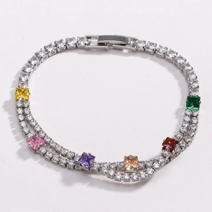 Dual-row 4mm cubic zirconia tennis bracelet with colorful square stones and secure clasp