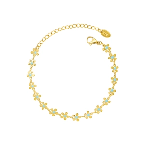 18k gold plated bracelet with small light blue enamel flower charms and lobster clasp