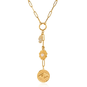 18K vergulde Y-ketting met hand van Fatima, parel oog en een ronde hanger