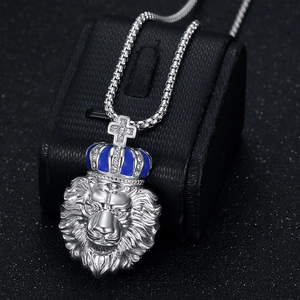 Hip hop crown lion head pendant necklace in silver steel with blue enamel and CZ stones