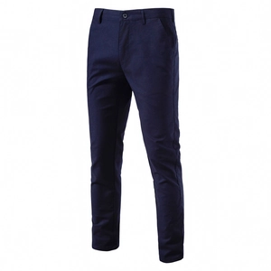 Close-up of slim-fit men's dark blue casual trousers showing fine cotton twill texture