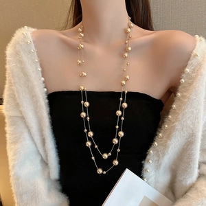 Élégant Collier Longue Künstliche Perle Fantaisie Style Station Vintage Chaîne En Alliage Bijoux Pour Femmes Décoration Pull