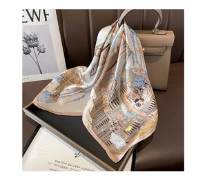 Detail of vintage French street print silk scarf draped over a brown leather handbag