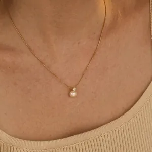 Stainless Steel Artificial Pearl Pendant Necklace With Zircon Round Bead Simple Minimalist Box Chain Jewelry For Women