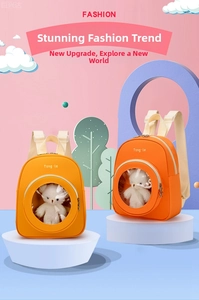 Detail of orange toddler backpack with clear window and plush bear decoration