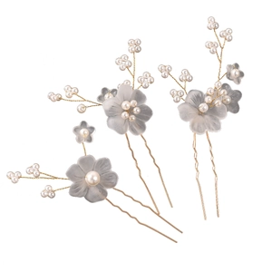 Elegant 3-piece bridal hair pin set with grey flowers, white pearls and gold metal