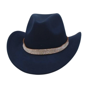 Detail of navy wool cowboy hat featuring a sparkling rhinestone band on white background