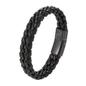 Minimalist double titanium steel chain and black braided leather bracelet for men with magnetic clasp