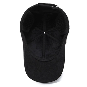 Winter men's black fleece baseball cap with ear flaps and adjustable metal buckle