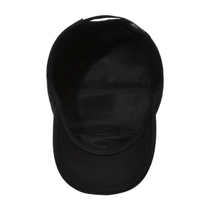 Black flat top military cap with adjustable strap and durable cotton twill texture