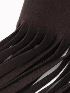 Close-up of deep brown wool fabric showing high-quality texture and fringe tassel detail